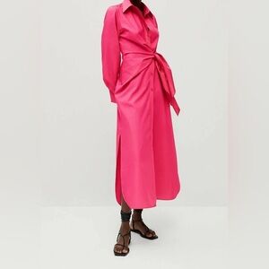 Massimo Dutti Poplin Shirt Dress with Side Slit in Vibrant Magenta Size XS